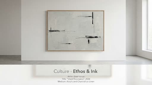 Abstract minimalist painting featuring expansive fields of pale grey and stark black strokes, conveying a sense of quiet introspection and modern artistic expression.