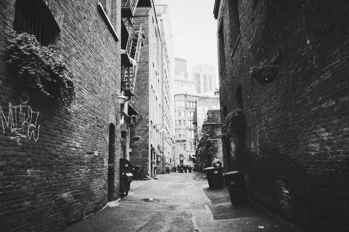 A narrow, empty alley between brick buildings, photographed in black and white with dramatic light and shadow.