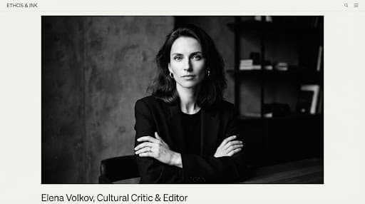 A striking, high-contrast black and white portrait of a modern culture critic looking directly at the camera with a calm, discerning gaze.